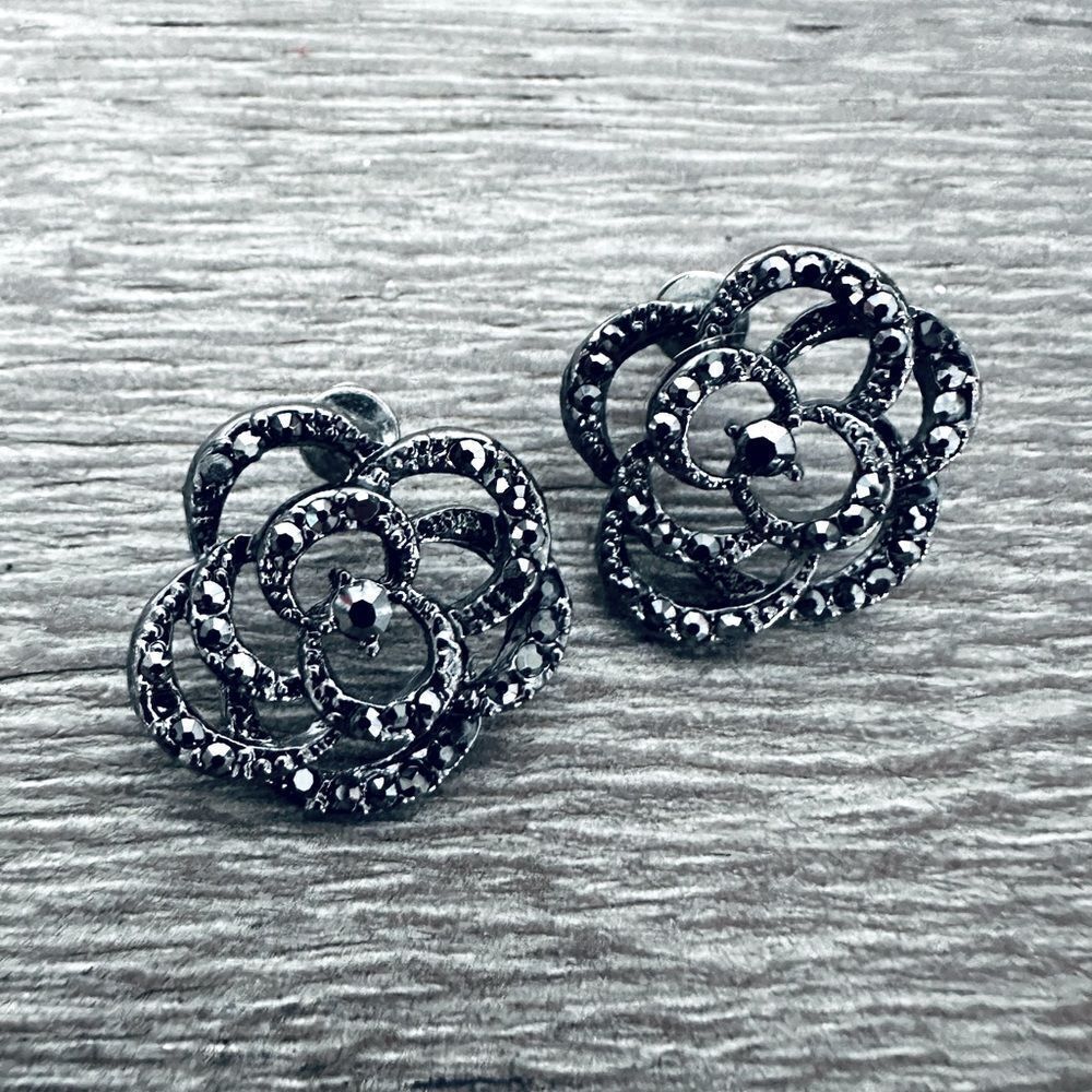 Gunmetal Crystal Gothic Rose Earrings